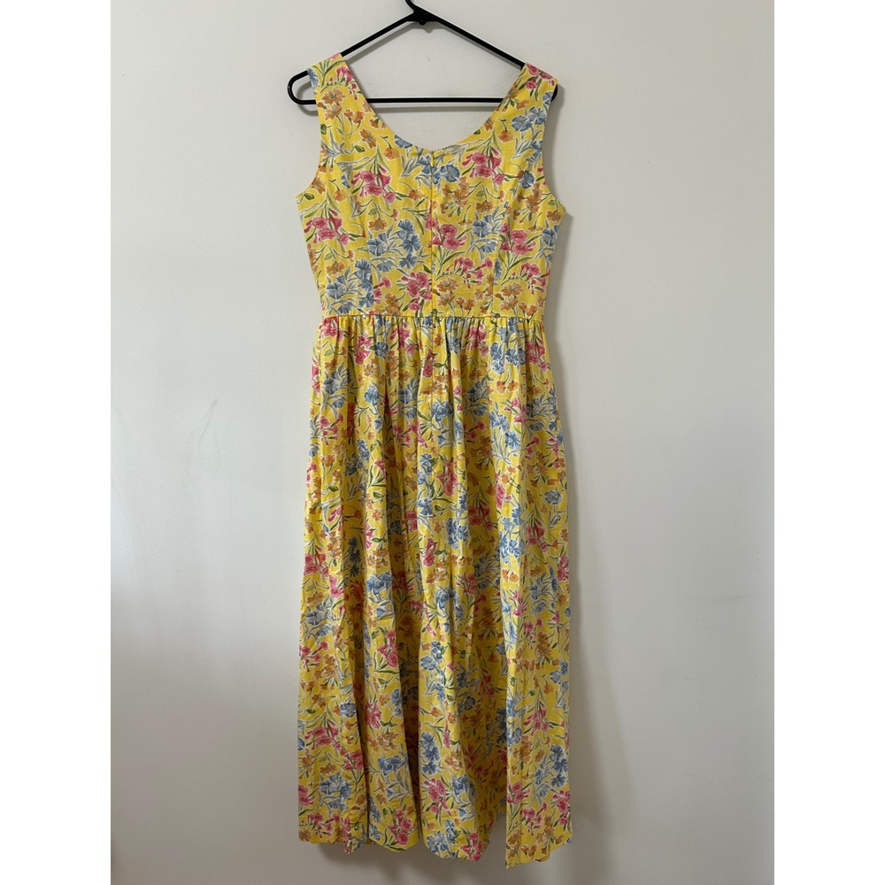 Vintage Laura Ashley Yellow Floral Cotton Midi Dress Tank Gathered Waist Sz 8 - Picture 4 of 10